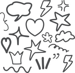 Hand drawn bubble star, love, clouds line  highlight, speech bubble sparkle element. Vector illustration.