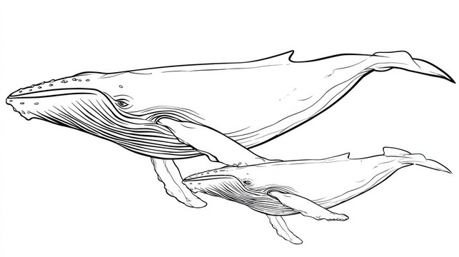 Two whales, mother and calf, in profile view