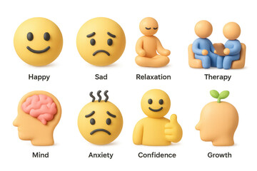 3d emoji set depicting emotions and mental health concepts