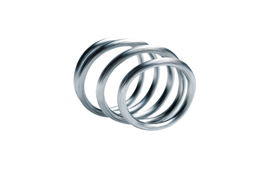 Metallic, overlapping, spiral rings,  three-dimensional,  close-up view.  A stylized representation of coiled springs