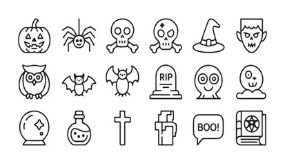 Collection of halloween themed outline icons featuring pumpkin spider skull and other spooky elements