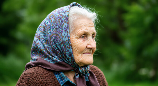 Wise elder a portrait of a woman with character and a colorful headscarf.