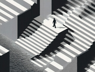 Abstract Man Walking Surreal Staircase