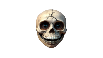 A creepy and cracked skull with a wide, sinister smile and empty eye sockets, isolated on a transparent background, evoking a sense of halloween horror and the macabre
