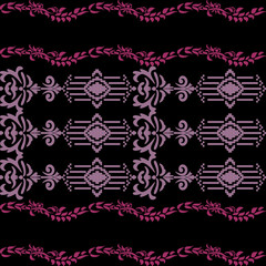 An artwork seamless ethic Songket Padang textile pattern  geometric motifs in a warm rose gold on  black background. Classic design symmetrical borders traditional weaving artistry.