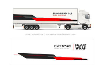 Truck Branding Mockup with Abstract Wrap Design – Vector Template. Editable vector truck mockup with abstract red and black wrap. Perfect for commercial vehicle branding, fleet graphics, advertising 