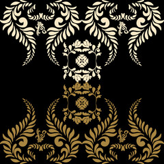 An artwork seamless ethic Songket Padang textile pattern  geometric motifs in a warm rose gold on  black background. Classic design symmetrical borders traditional weaving artistry.