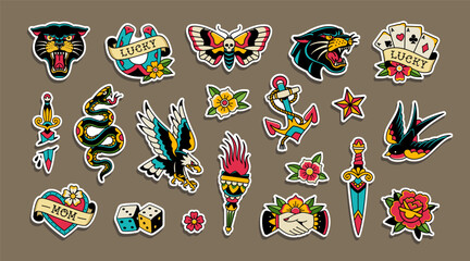 Traditional Tattoo Art Sticker Set &ndash; Panther, Skull, Eagle, Bird, Snake Icons. Cool rockabily tattoo sticker set. Old School Tattoo art symbols. Perfect for scrapbookin dsgn, apparel and merch