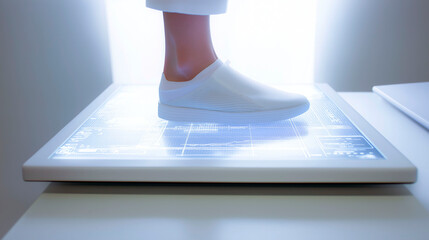 Futuristic white sneaker on a digital scanning platform with glowing interface in a minimal high-tech environment