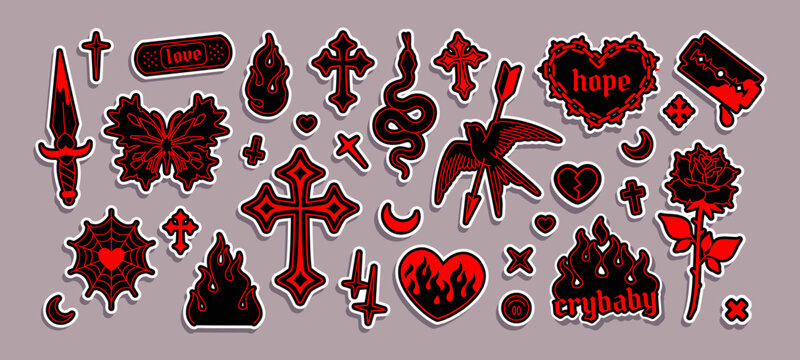 Red Gothic Tattoo Style Stickers &ndash; Y2K Emo Aesthetic, Crosses, Hearts, Flames and More &ndash; Editable Vector Set. Black and Red Vintage Crybaby and Punk Stickers in Y2K Dark aesthetic style	