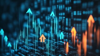 Abstract Digital Environment with Glowing Data Streaks and Upward Moving Arrows Illustrating Growth