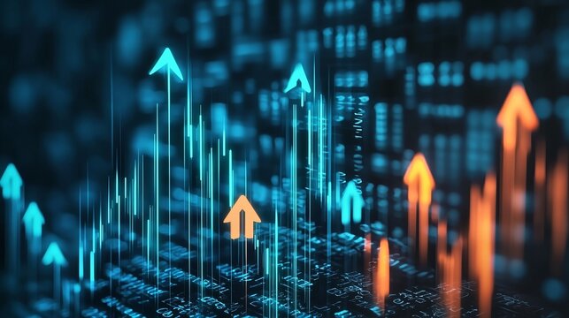 Abstract Digital Environment with Glowing Data Streaks and Upward Moving Arrows Illustrating Growth - Powered by Adobe