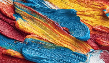 Abstract painting with vibrant, impasto brushstrokes of bold primary colors