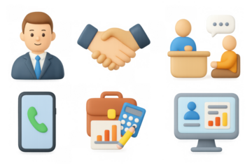 Professional business icons: 3d cartoon style for meetings and communication