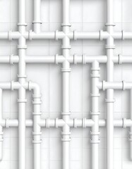 Abstract pattern of white pipes on a white tiled wall