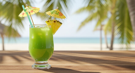 Refreshing green cocktail with pineapple slice and paper umbrellas on a wooden surface, with a blurred beach background.