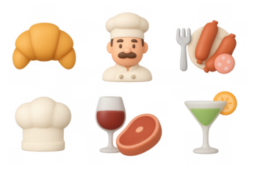 Colorful 3d icons of breakfast foods, chef, and drinks in cartoon style