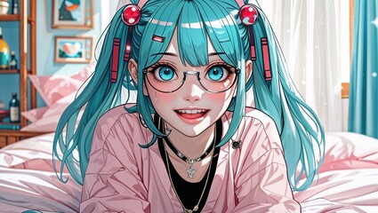 キラキラ笑顔の初音ミク風バーチャルアイドル風女の子のイラスト
