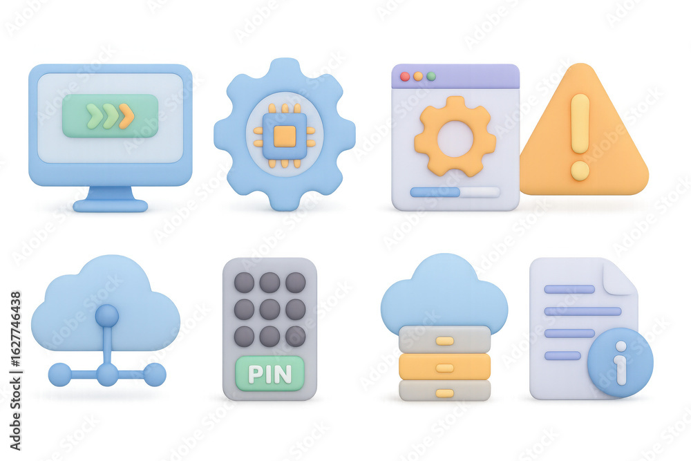 Poster 3d cloud computing and technology icons with soft pastel colors