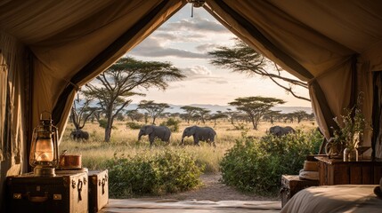 Safari tent, African vista. Elephants graze in golden light