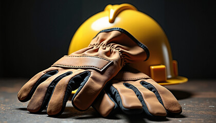 Safety gloves resting beside yellow hard hat on wooden surface  
