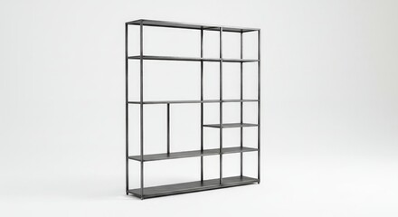 Minimalist Industrial Bookshelf: Modern Metal Design on White Background.