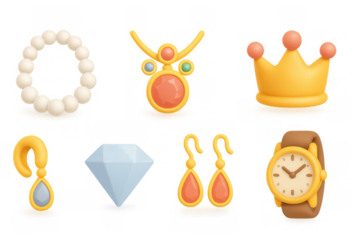 Luxury jewelry and accessories set in 3d cartoon style