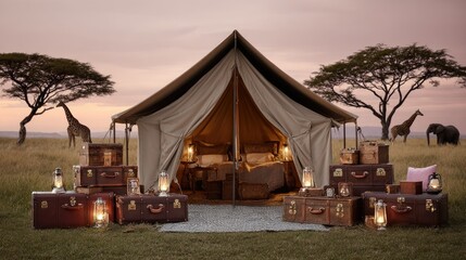 Safari tent camp, sunset.  Spacious canvas tent, vintage suitcases, warm lighting.  Giraffes & elephants in background.  Elegant, outdoors