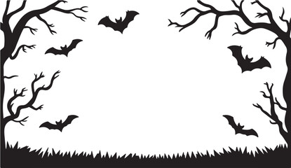 Silhouette of trees and bats against a white background creating a halloween theme landscape