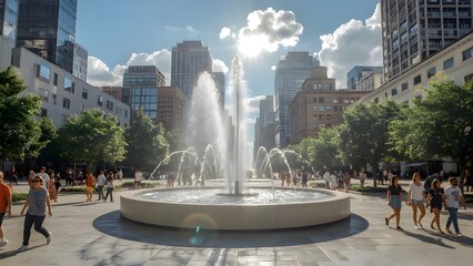 Modern City Plaza with Fountain and Skyscrapers – Vibrant Urban Scene
