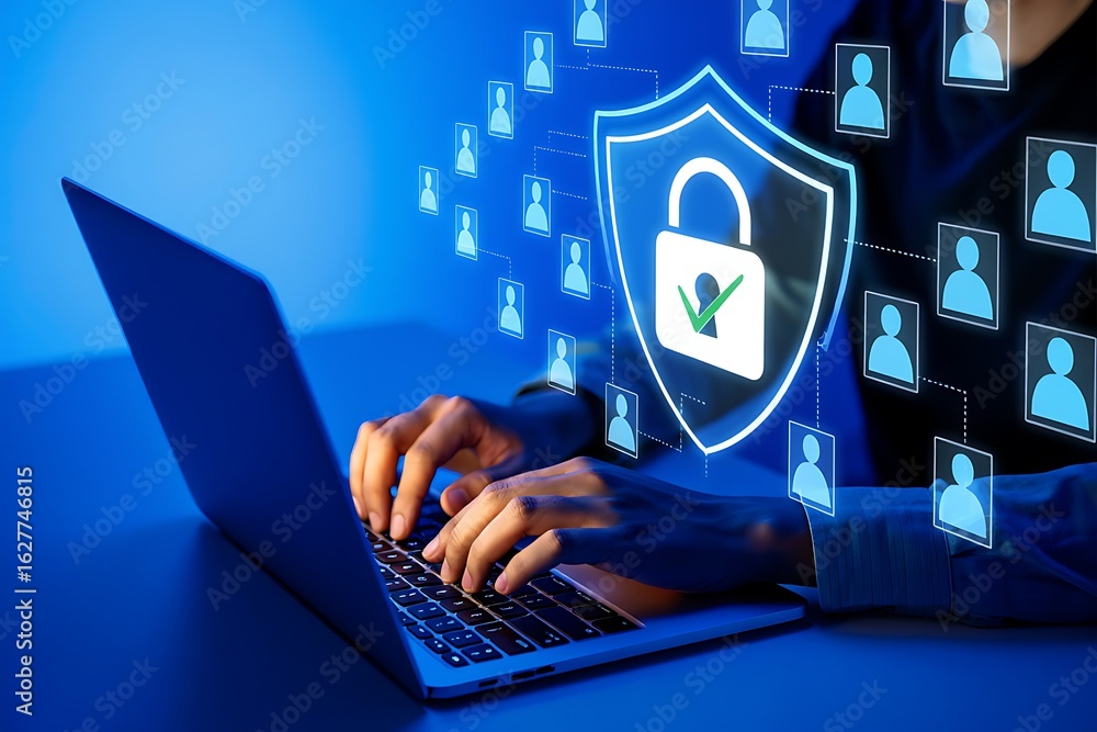 Poster cybersecurity and data protection concept with a person typing on a laptop surrounded by glowing dig