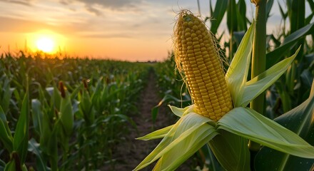 Ripe corn cob on a stalk at sunset in a vast green field. Agricultural landscape and farming concept. Grain agriculture for food.
