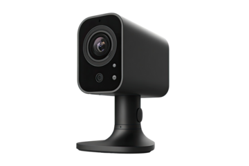 A gray, square security camera with a lens, mounted on a dark gray base