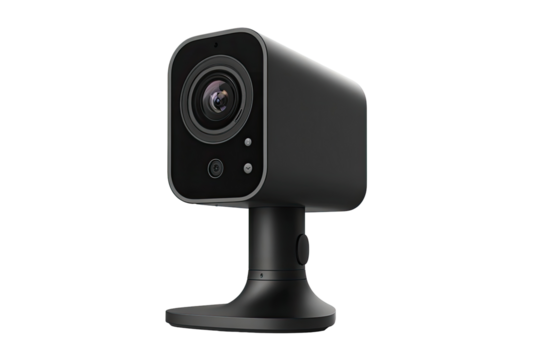A gray, square security camera with a lens, mounted on a dark gray base - Powered by Adobe