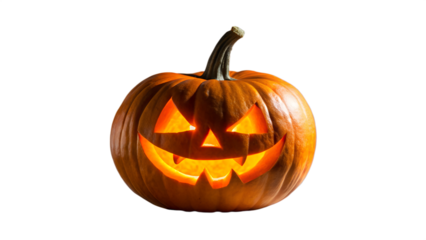 A carved halloween pumpkin with a glowing face, isolated on a transparent background, symbolizing the spooky autumn holiday tradition of jackolanterns