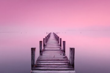 Misty pink sunrise over a wooden pier