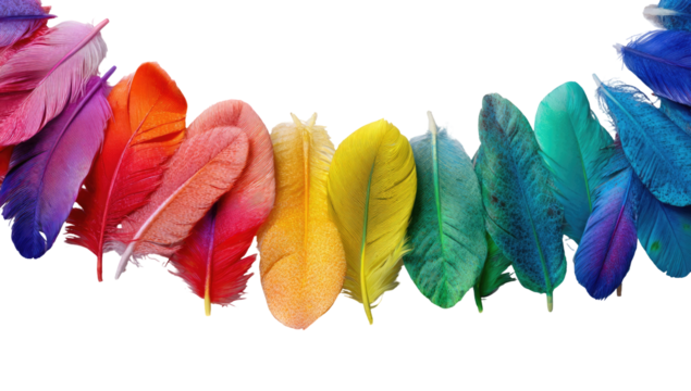 Vibrant rainbow feathers arranged in a curved line against a transparent background