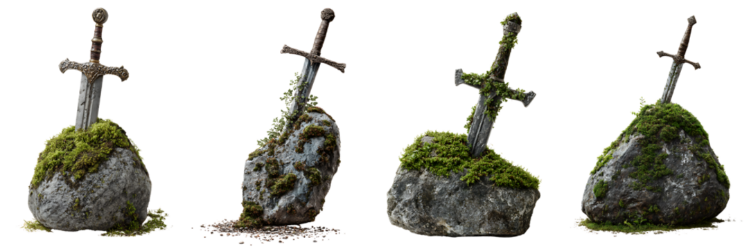 Set of ancient swords embedded in mossy rocks, isolated on a transparent background.