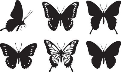 Six black butterfly silhouettes with varied wing details and arrangements on white insect flying