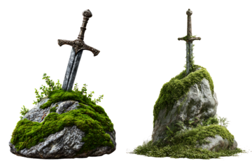 Set of ancient swords embedded in mossy rocks, isolated on a transparent background.