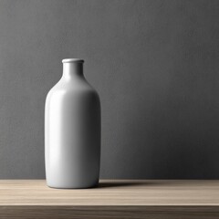 A light gray ceramic bottle vase sits on a light brown wooden surface against a dark gray wall