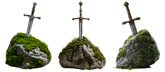 Set of ancient swords embedded in mossy rocks, isolated on a transparent background.