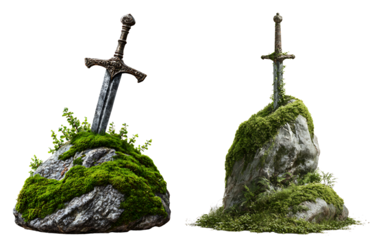 Set of ancient swords embedded in mossy rocks, isolated on a transparent background.