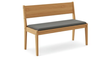 Fototapeta premium Modern Wooden Bench with Gray Upholstered Seat, Isolated on White Background