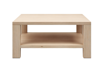 Light beige wooden coffee table with open shelf.  Simple, square design with a single lower shelf.  Front view, product shot, studio lighting