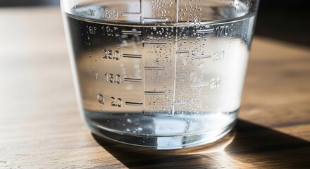 Measuring cup filled with water, condensation droplets, and sunlight on wood