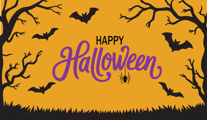 Happy halloween with bats and trees on an orange background for a spooky celebration card design