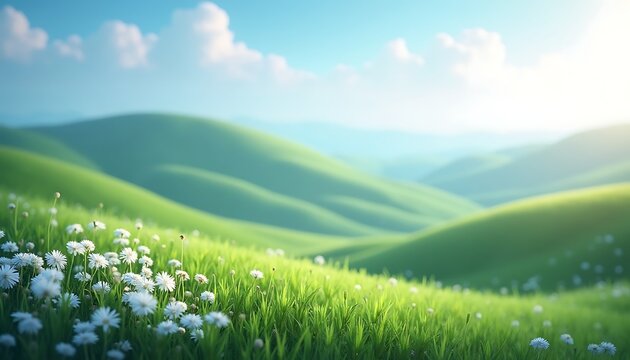 A field of daisies in the foreground with rolling green hills and a blue sky in the background view