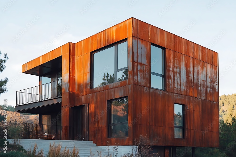 Poster industrial-style house with rusty metal cladding and sharp square windows glowing in sunlight