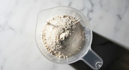 Measuring cup filled with flour on a marble surface, casting a shadow